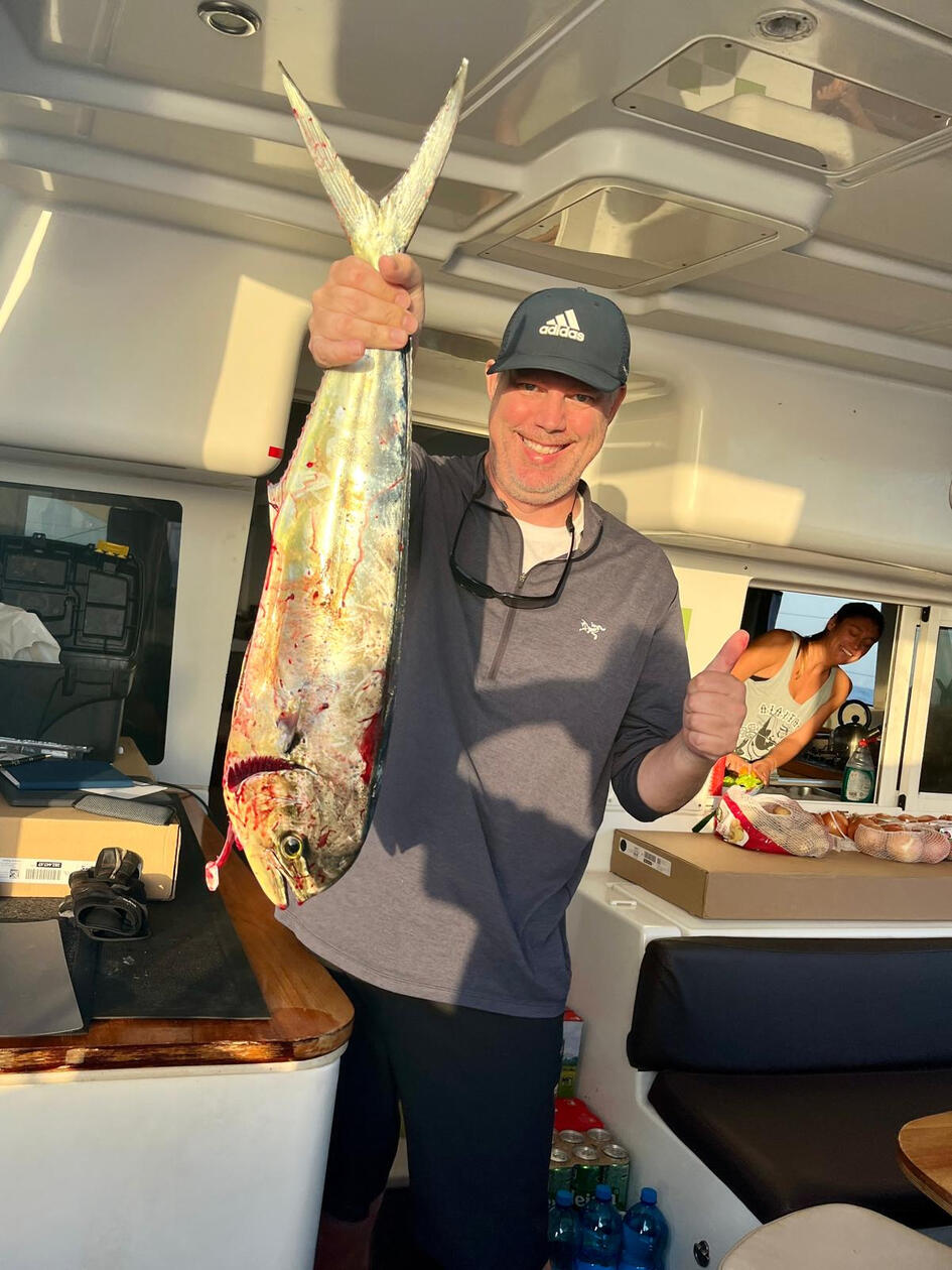 Atlantic Crossing East to West 2024. Mark catching another Mahi !!!